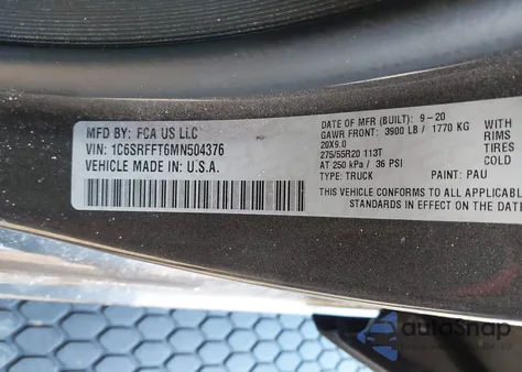 2021 Ram 1500 Big Horn 4X4 5'7 Box из США, поврежденный, VIN 1C6SRFFT6MN504376